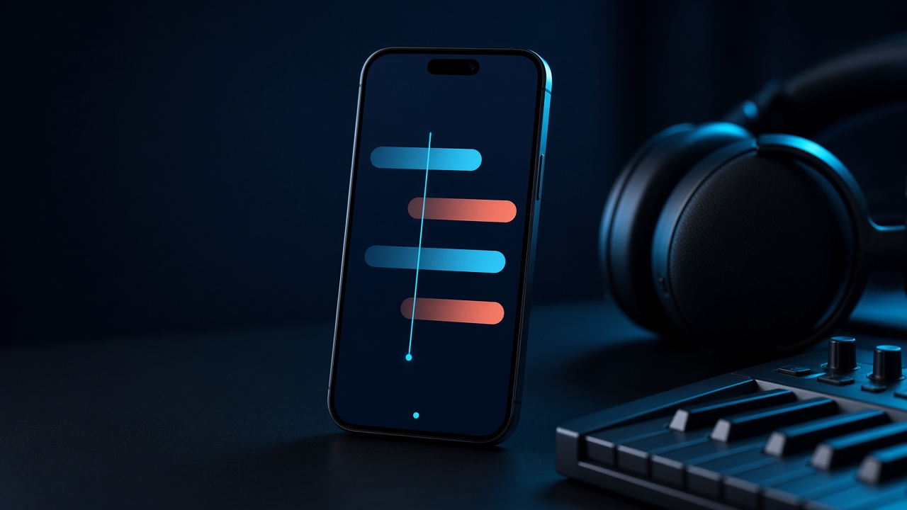 Celular com uma linha do tempo de música, ao lado de fone e teclado.