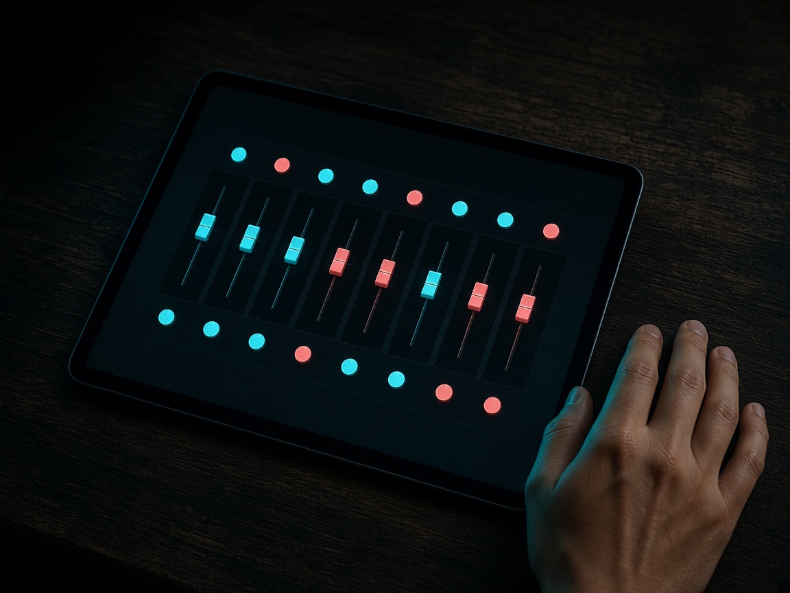 Tablet com faders de mixagem, numa mesa escura.
