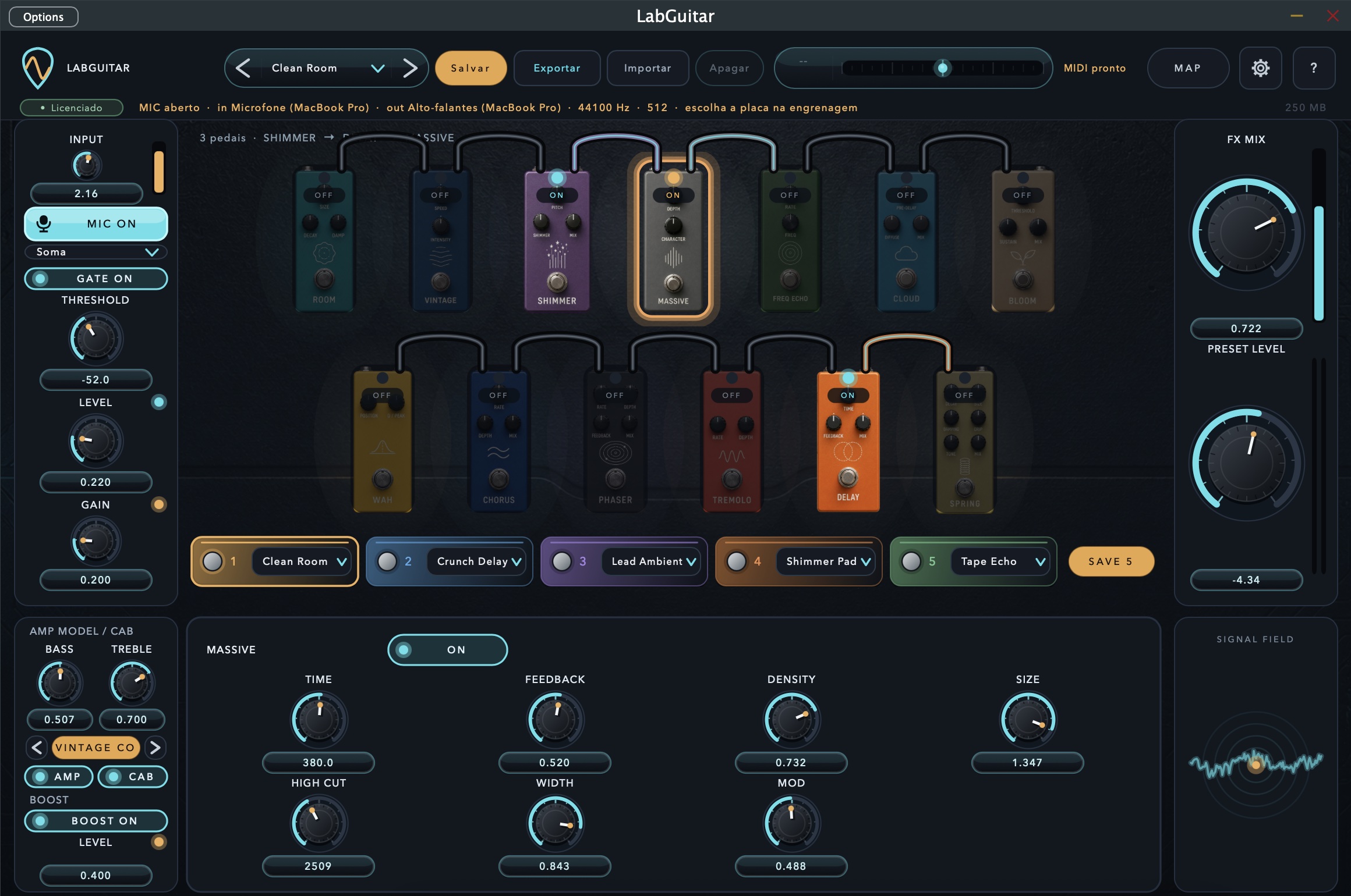 Tela do LabGuitar mostrando o pedalboard, o amplificador e a cadeia de efeitos