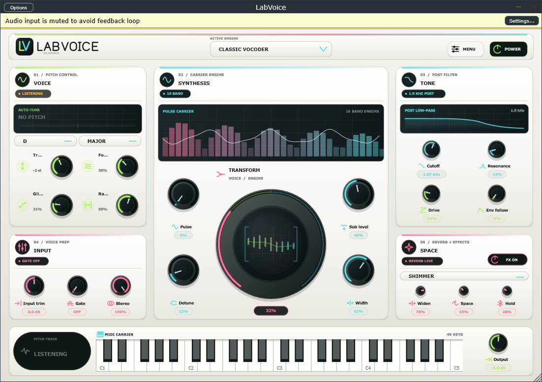 Interface do LabVoice com módulos de voz, síntese, filtro, input e efeitos