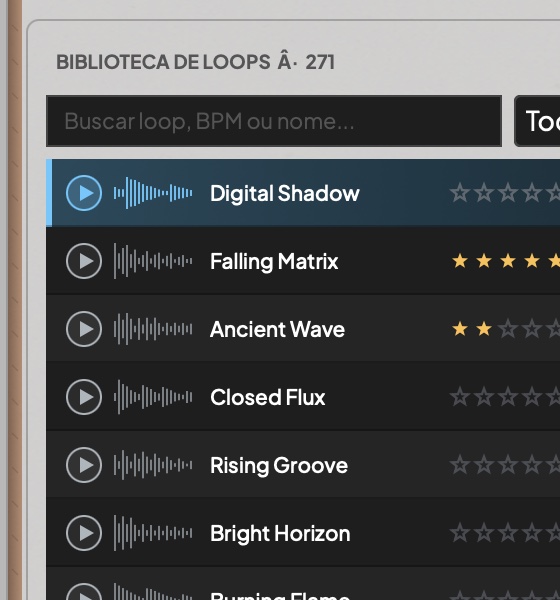 Biblioteca de loops do LoopLabs com busca e avaliação por estrelas